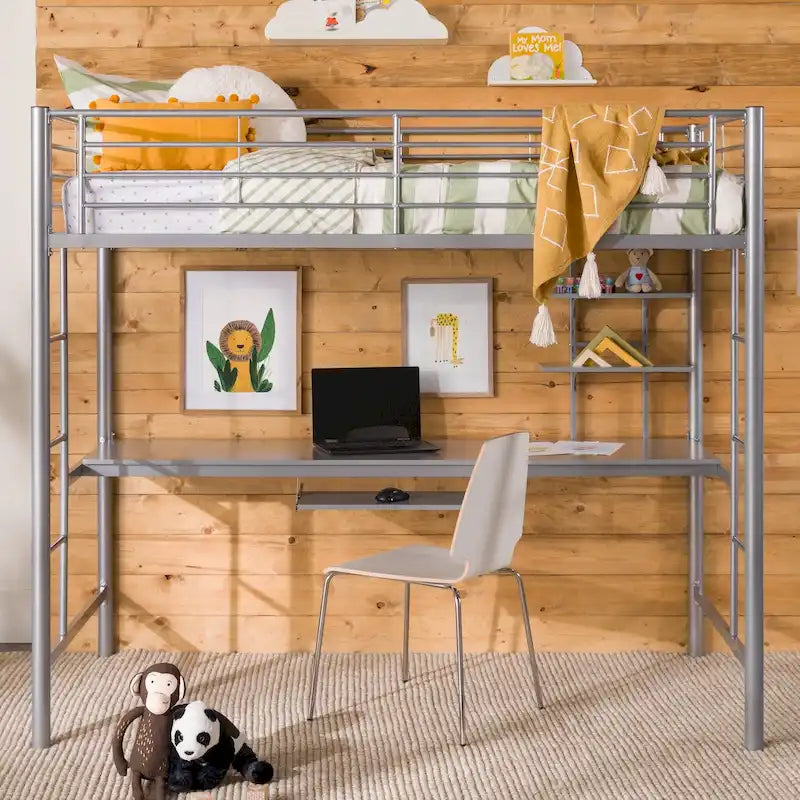 Twin Metal Loft Bed with Built-in Desk, Silver Finish, Space-Saving Design for Teens