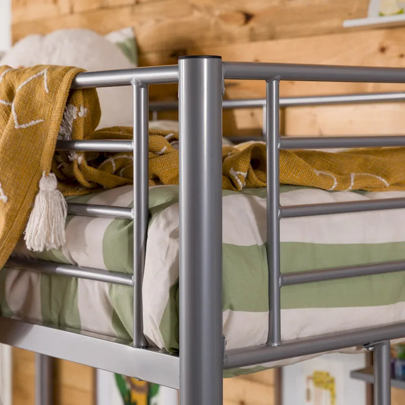Twin Metal Loft Bed with Built-in Desk, Silver Finish, Space-Saving Design for Teens