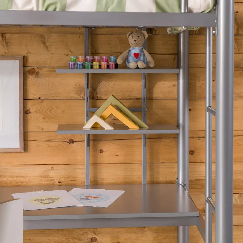 Twin Metal Loft Bed with Built-in Desk, Silver Finish, Space-Saving Design for Teens