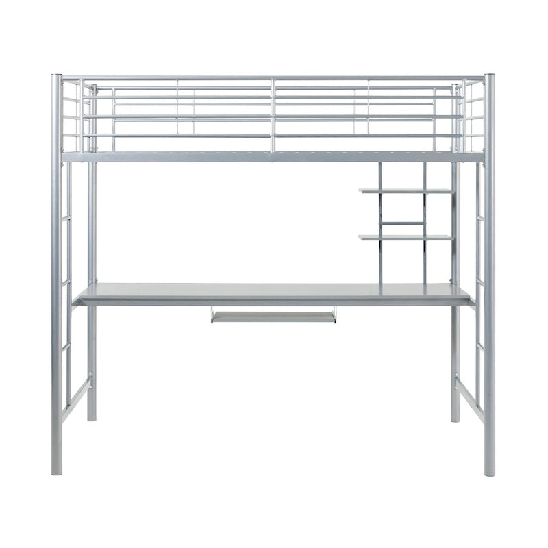 Letto a soppalco singolo in metallo con scrivania integrata, finitura argento, design salvaspazio per ragazzi