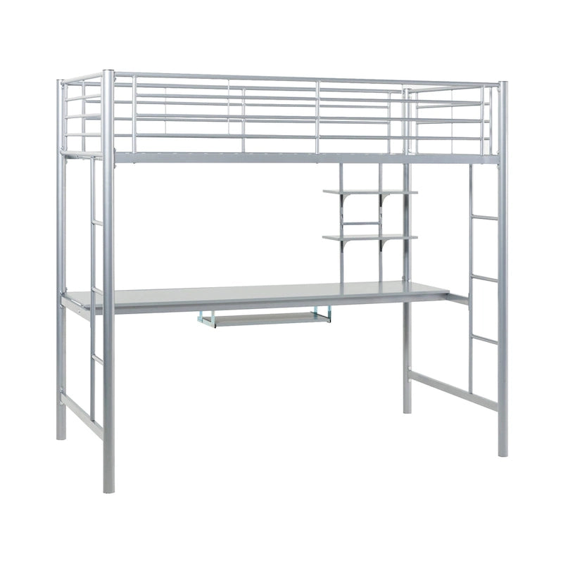 Letto a soppalco singolo in metallo con scrivania integrata, finitura argento, design salvaspazio per ragazzi