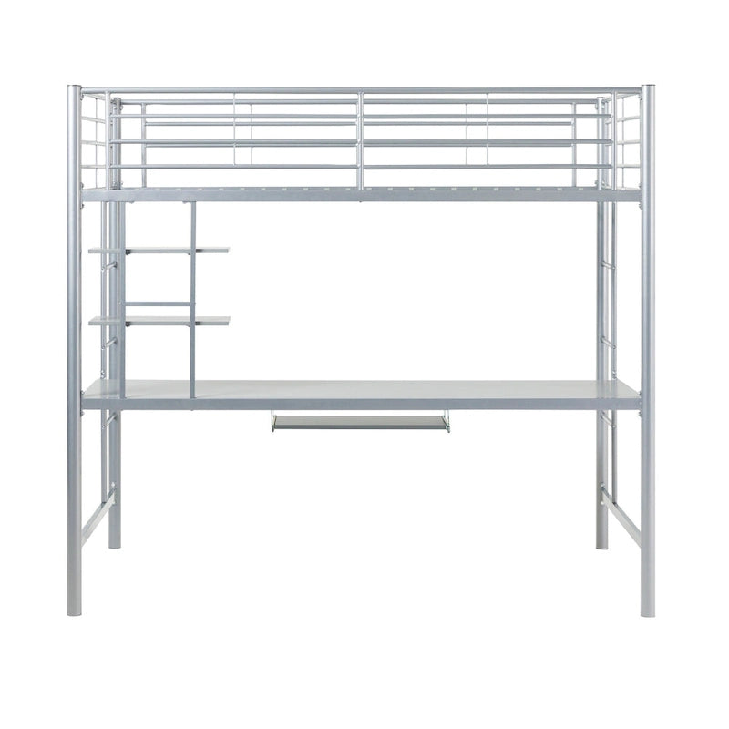 Letto a soppalco singolo in metallo con scrivania integrata, finitura argento, design salvaspazio per ragazzi