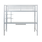 Letto a soppalco singolo in metallo con scrivania integrata, finitura argento, design salvaspazio per ragazzi
