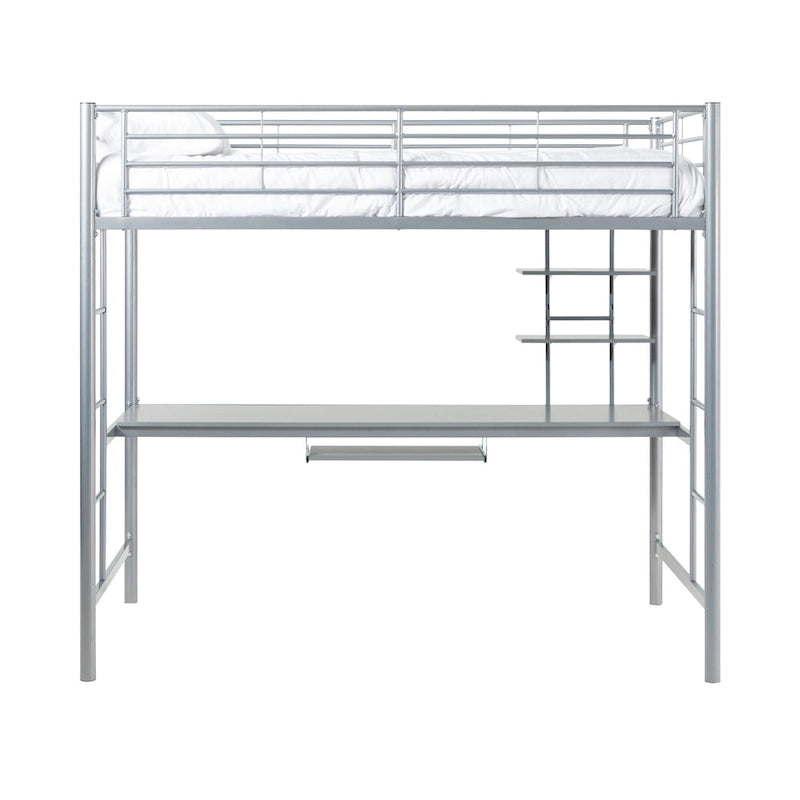 Letto a soppalco singolo in metallo con scrivania integrata, finitura argento, design salvaspazio per ragazzi