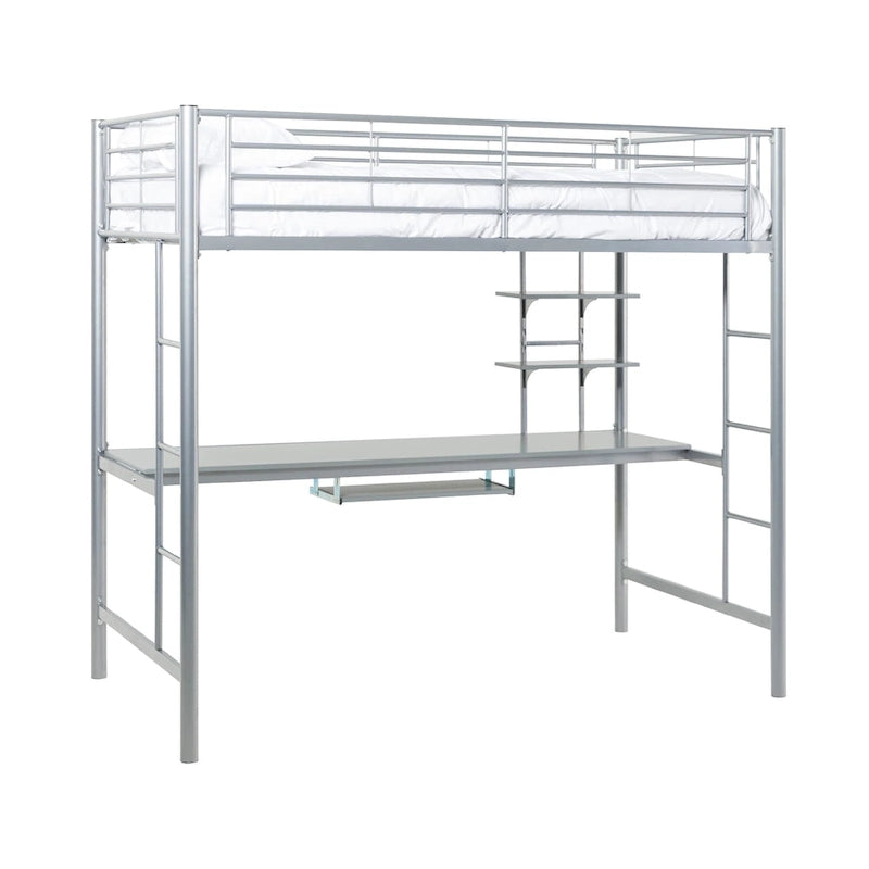 Letto a soppalco singolo in metallo con scrivania integrata, finitura argento, design salvaspazio per ragazzi