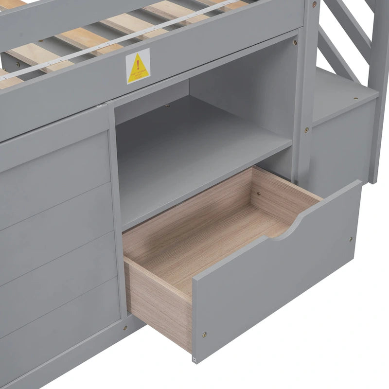 Letto a soppalco basso in legno massello con cassetti e scaletta, misura singola
