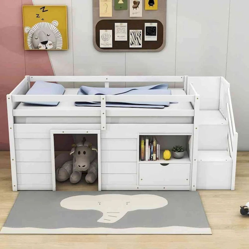 Letto a soppalco basso in legno massello con cassetti e scaletta, misura singola