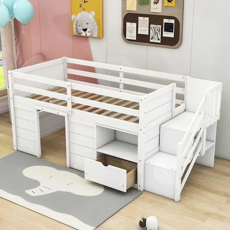 Letto a soppalco basso in legno massello con cassetti e scaletta, misura singola