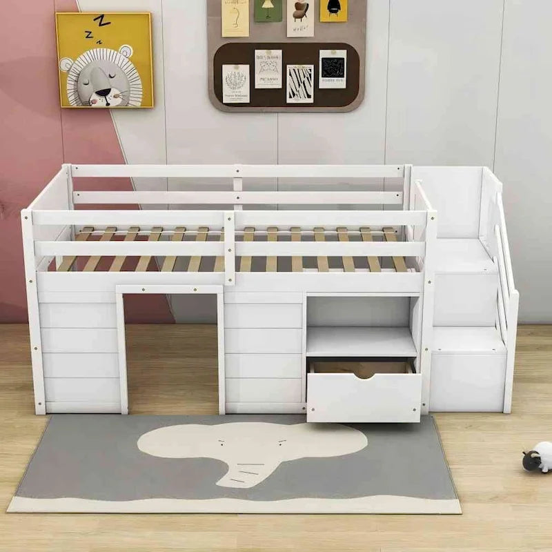 Letto a soppalco basso in legno massello con cassetti e scaletta, misura singola