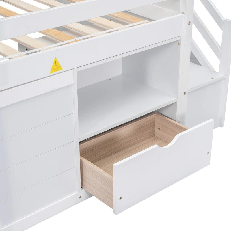 Letto a soppalco basso in legno massello con cassetti e scaletta, misura singola