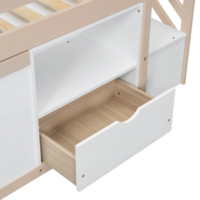 Letto a soppalco basso in legno massello con cassetti e scaletta, misura singola