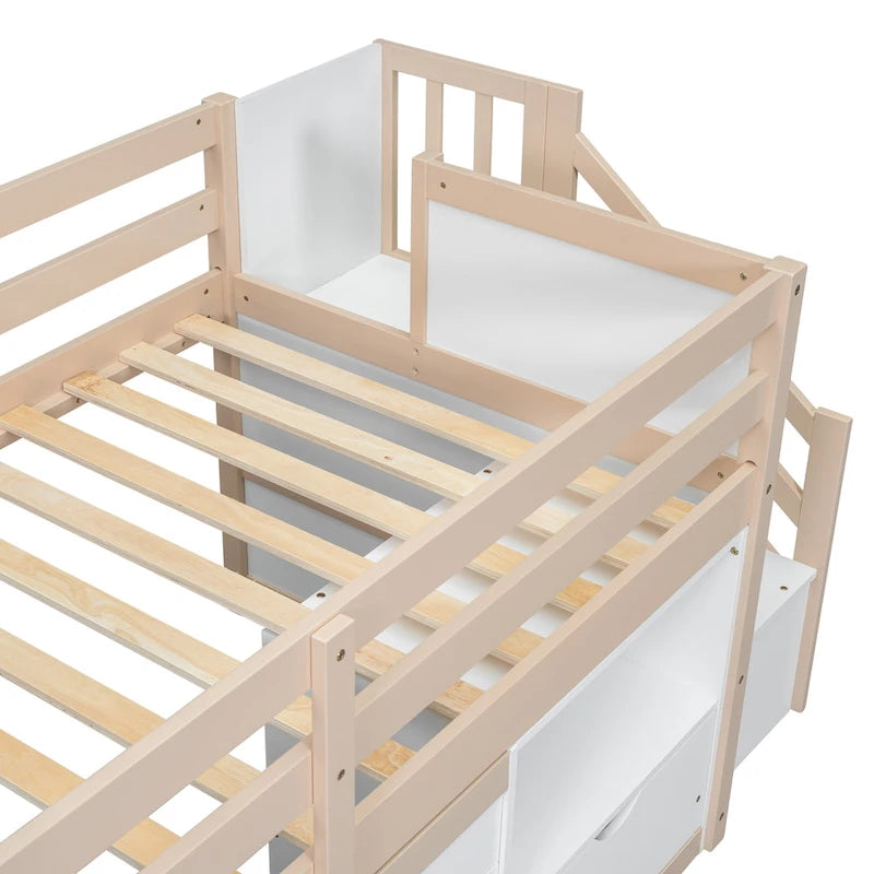 Letto a soppalco basso in legno massello con cassetti e scaletta, misura singola