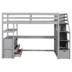 Twin Size Loft Bed with Desk and Shelves, Two Built-in Drawers, Storage Staircase