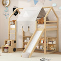 Letto a soppalco singolo con tenda da gioco, design a casetta, scivolo e scaletta