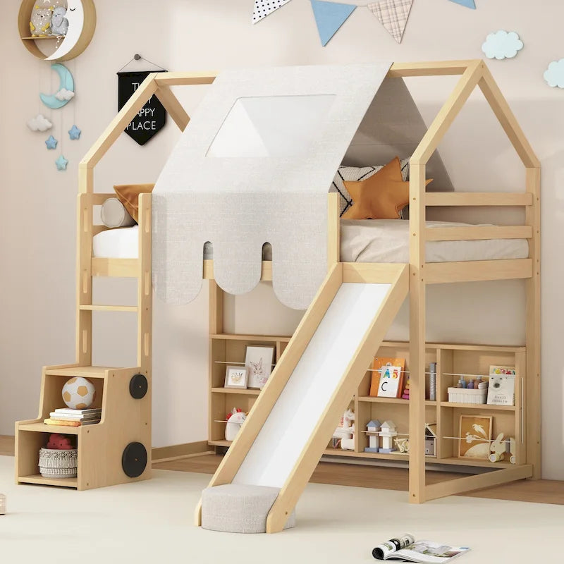 Letto a soppalco singolo con tenda da gioco, design a casetta, scivolo e scaletta