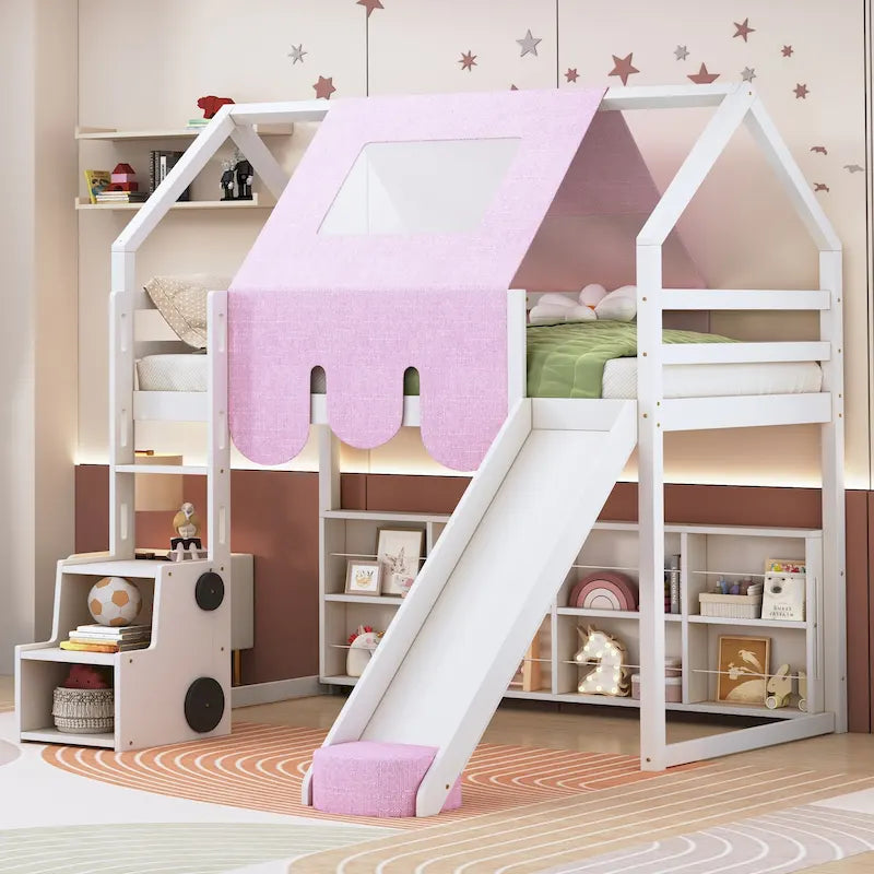 Letto a soppalco singolo con tenda da gioco, design a casetta, scivolo e scaletta