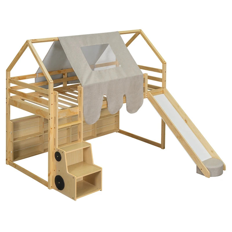 Letto a soppalco singolo con tenda da gioco, design a casetta, scivolo e scaletta