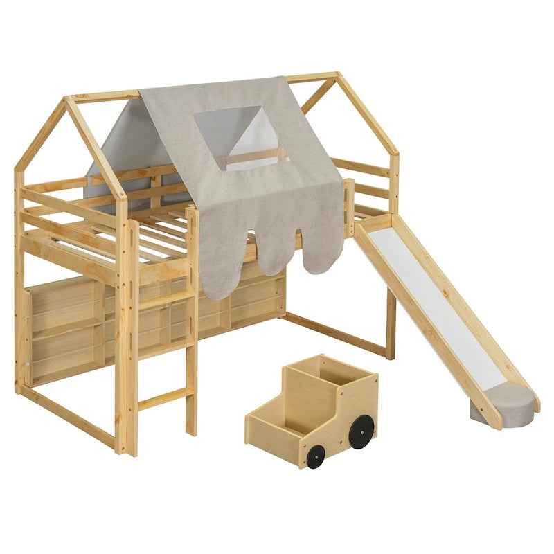 Letto a soppalco singolo con tenda da gioco, design a casetta, scivolo e scaletta
