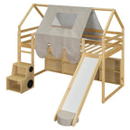 Letto a soppalco singolo con tenda da gioco, design a casetta, scivolo e scaletta