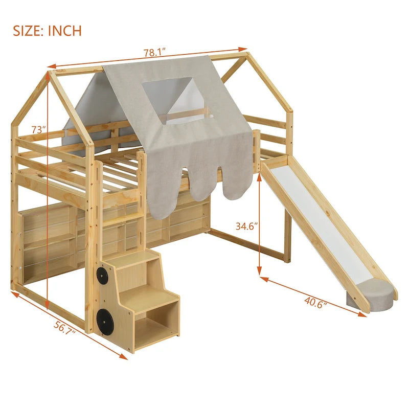 Letto a soppalco singolo con tenda da gioco, design a casetta, scivolo e scaletta