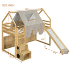 Letto a soppalco singolo con tenda da gioco, design a casetta, scivolo e scaletta