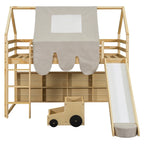 Letto a soppalco singolo con tenda da gioco, design a casetta, scivolo e scaletta