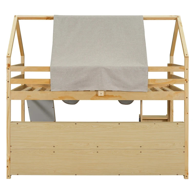 Letto a soppalco singolo con tenda da gioco, design a casetta, scivolo e scaletta