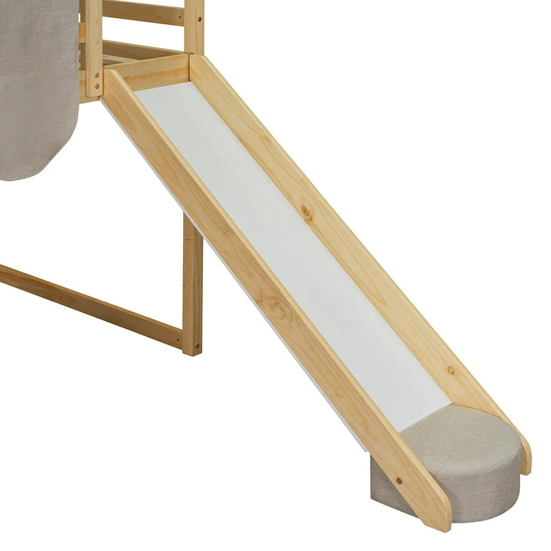 Letto a soppalco singolo con tenda da gioco, design a casetta, scivolo e scaletta
