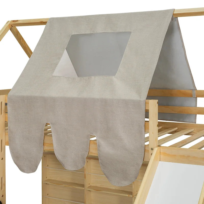 Letto a soppalco singolo con tenda da gioco, design a casetta, scivolo e scaletta