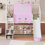 Letto a soppalco singolo con tenda da gioco, design a casetta, scivolo e scaletta