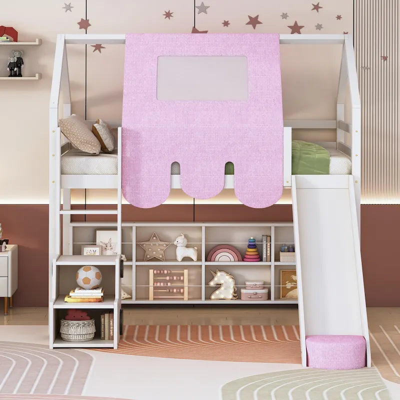 Letto a soppalco singolo con tenda da gioco, design a casetta, scivolo e scaletta