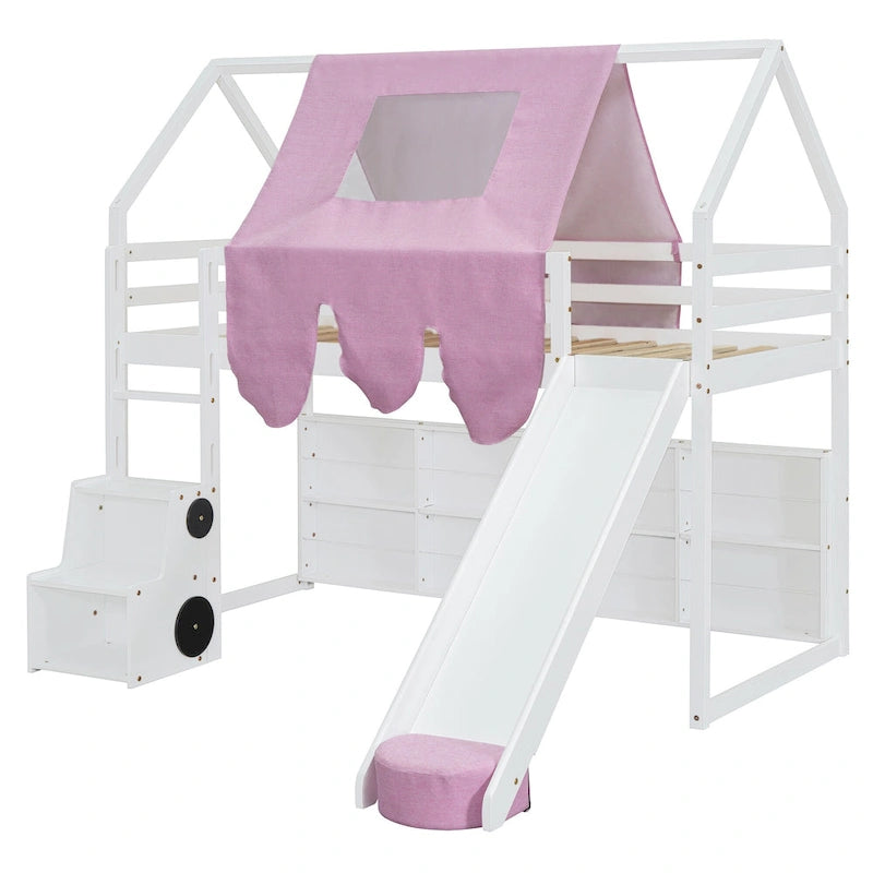 Letto a soppalco singolo con tenda da gioco, design a casetta, scivolo e scaletta