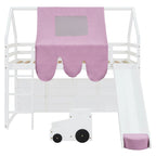 Letto a soppalco singolo con tenda da gioco, design a casetta, scivolo e scaletta