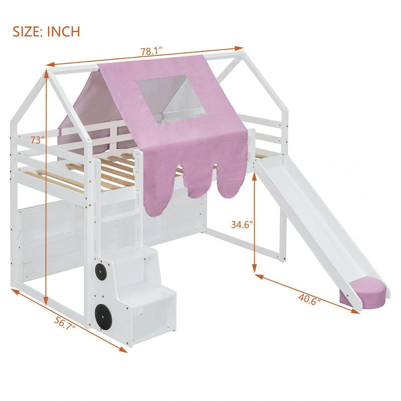 Letto a soppalco singolo con tenda da gioco, design a casetta, scivolo e scaletta