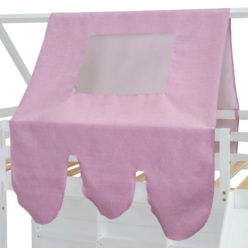 Letto a soppalco singolo con tenda da gioco, design a casetta, scivolo e scaletta