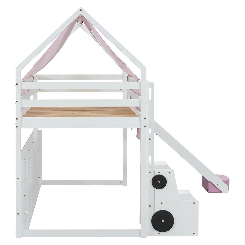 Letto a soppalco singolo con tenda da gioco, design a casetta, scivolo e scaletta