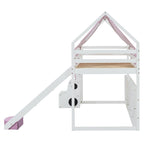 Letto a soppalco singolo con tenda da gioco, design a casetta, scivolo e scaletta