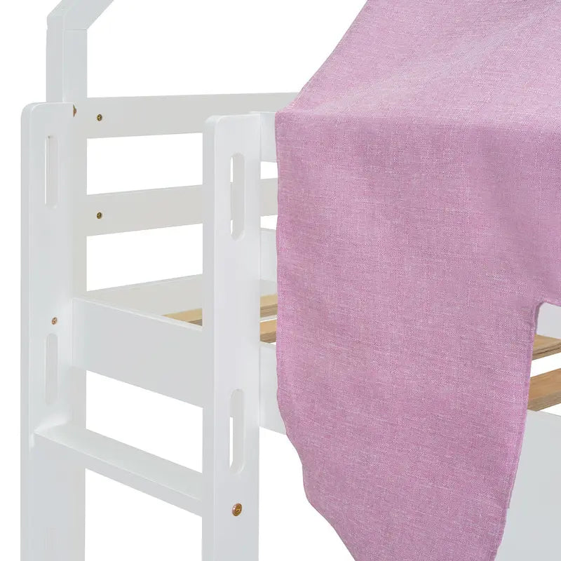 Letto a soppalco singolo con tenda da gioco, design a casetta, scivolo e scaletta