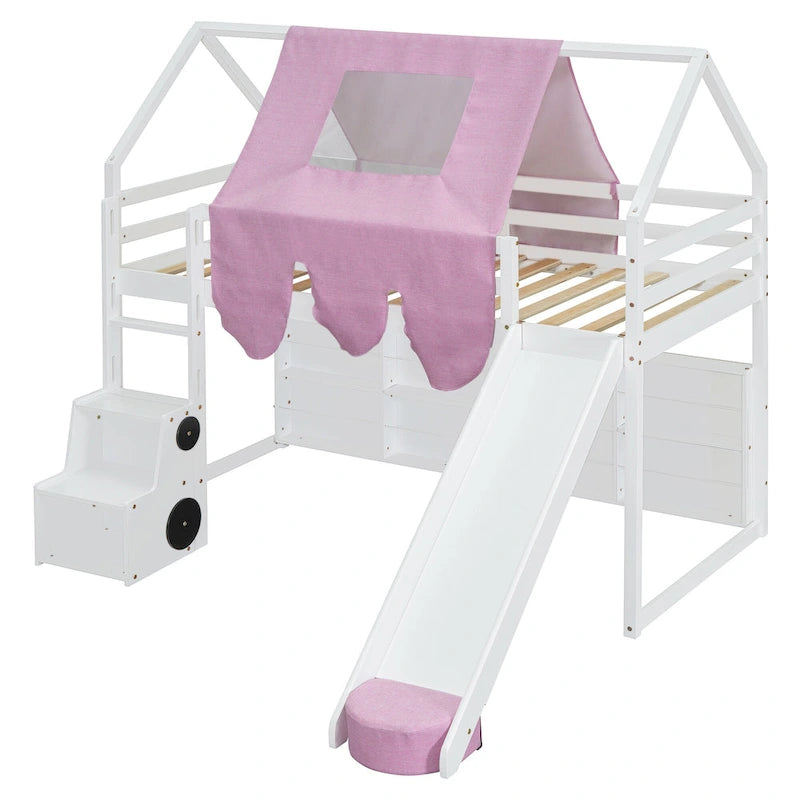 Letto a soppalco singolo con tenda da gioco, design a casetta, scivolo e scaletta