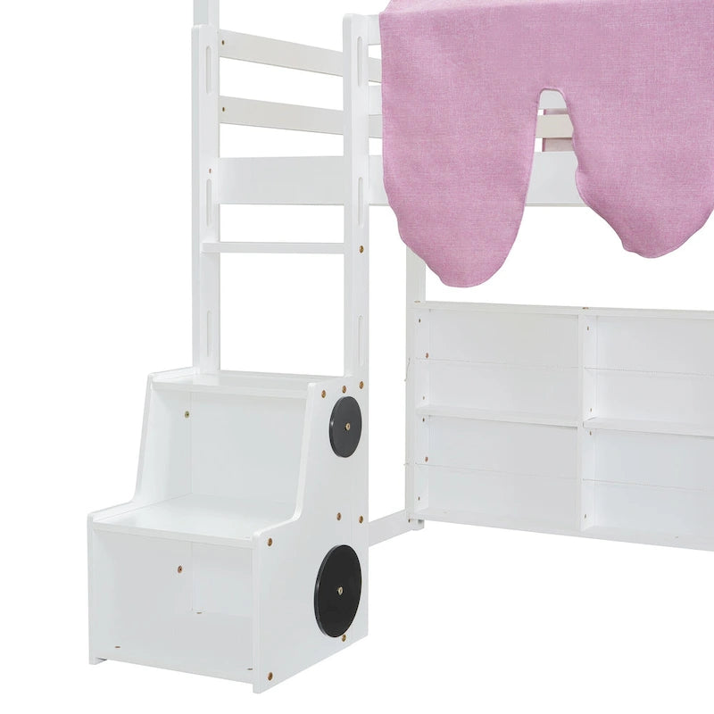 Letto a soppalco singolo con tenda da gioco, design a casetta, scivolo e scaletta
