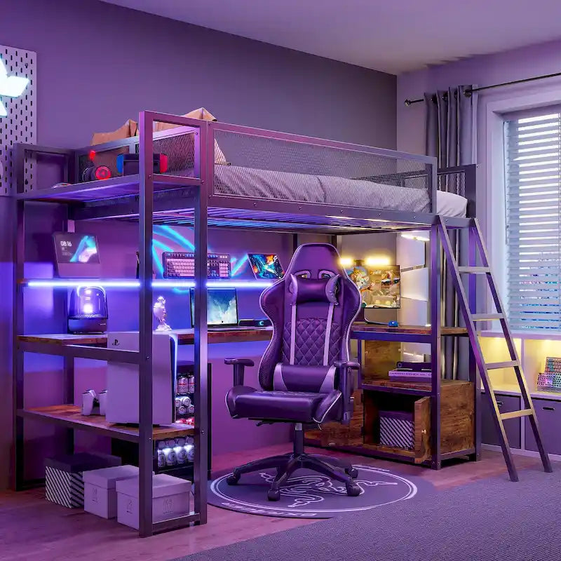 Letto a soppalco singolo in metallo con scrivania a LED e contenitore