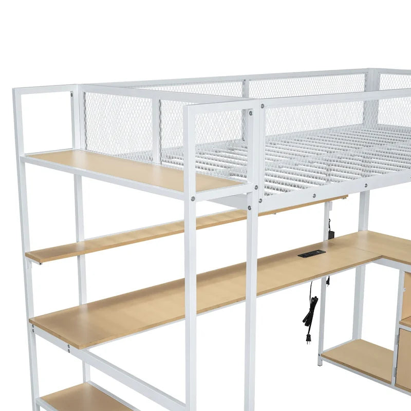 Letto a soppalco singolo in metallo con scrivania a LED e contenitore