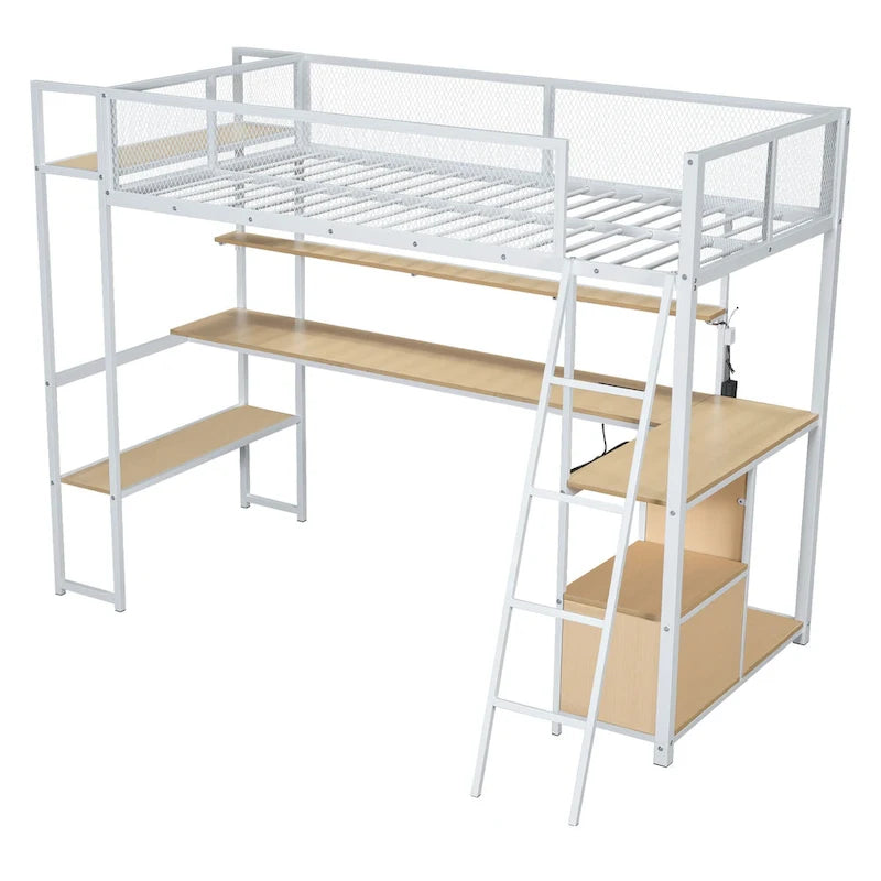 Letto a soppalco singolo in metallo con scrivania a LED e contenitore
