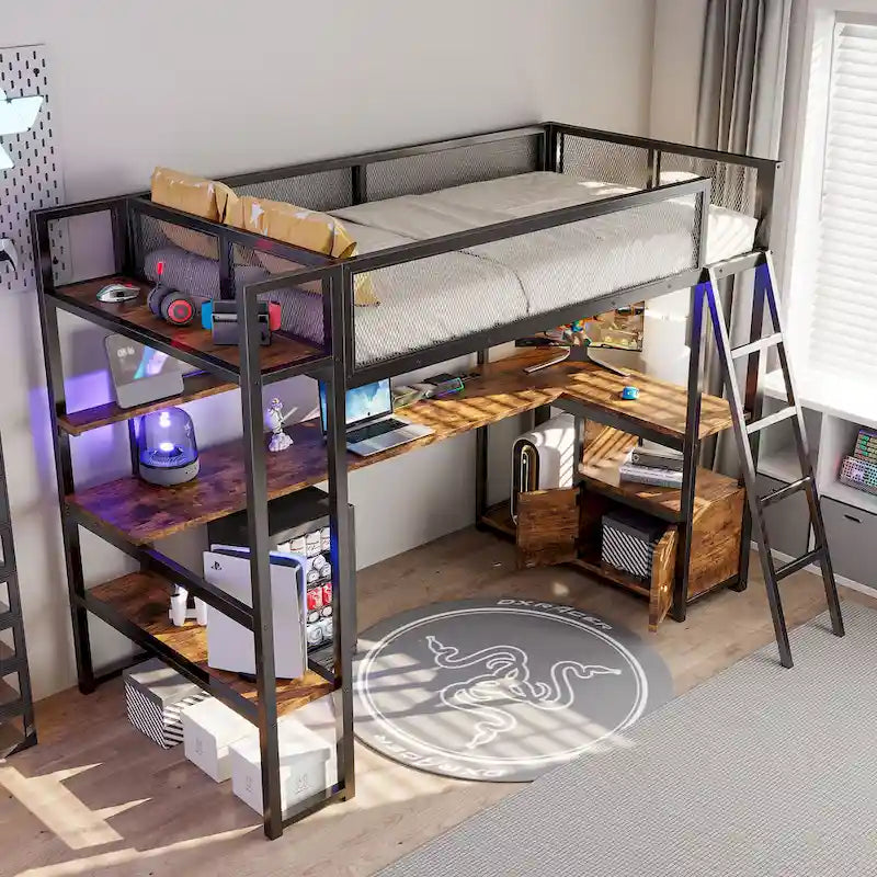 Letto a soppalco singolo in metallo con scrivania a LED e contenitore