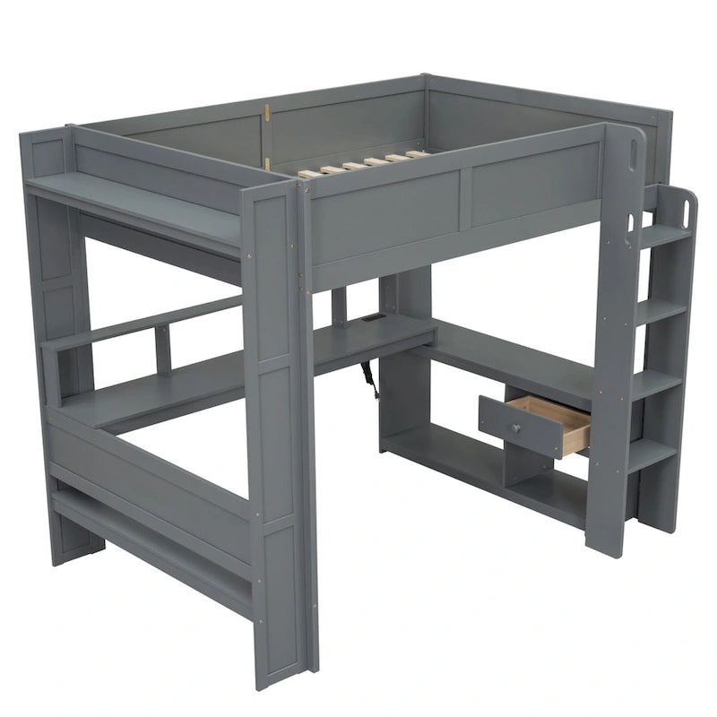 Letto a soppalco full-size con scrivania, mensole multi-contenitore, LED, stazione di ricarica