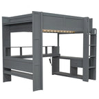 Letto a soppalco full-size con scrivania, mensole multi-contenitore, LED, stazione di ricarica