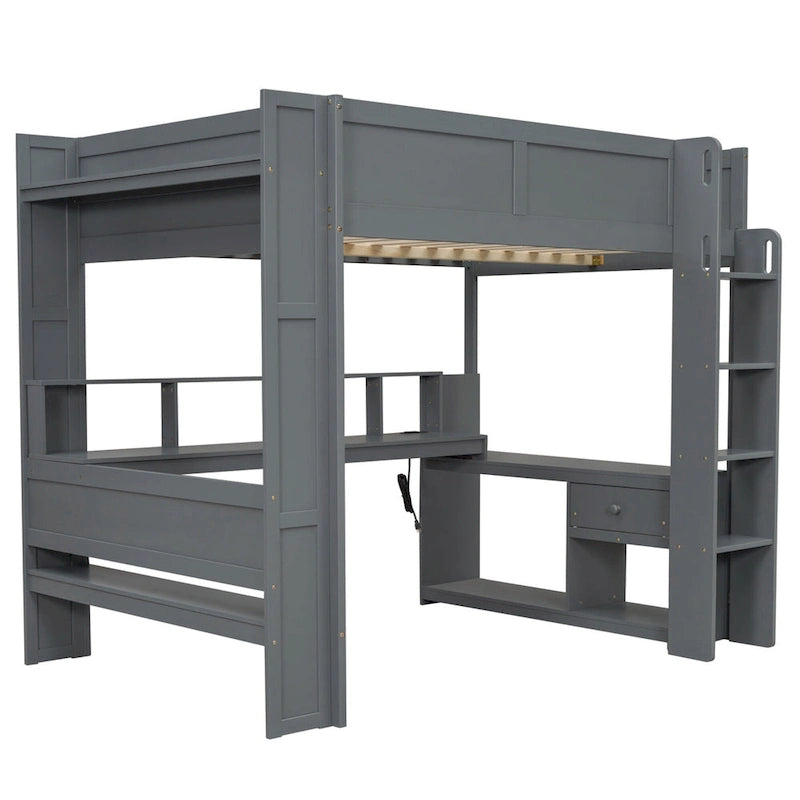 Letto a soppalco full-size con scrivania, mensole multi-contenitore, LED, stazione di ricarica