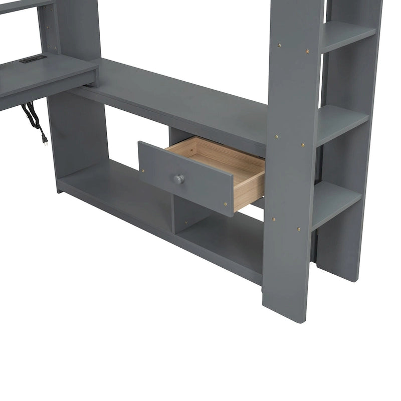 Letto a soppalco full-size con scrivania, mensole multi-contenitore, LED, stazione di ricarica