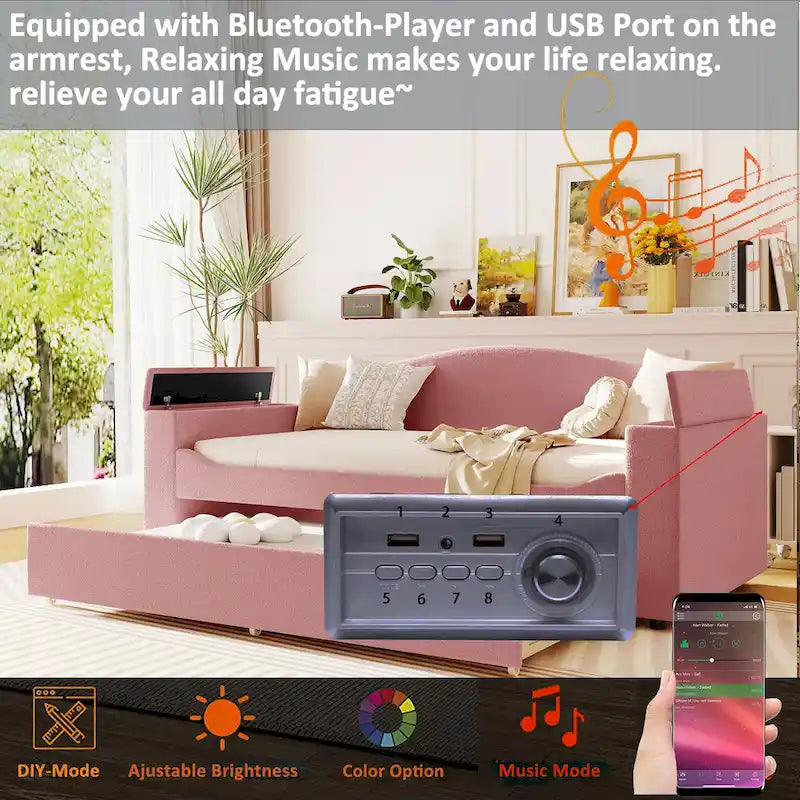 Twin Size Upholstered Daybed with Storage Armrests, Trundle and Latest Integrated Bluetooth Audio System, Teddy Fleece, Gray
