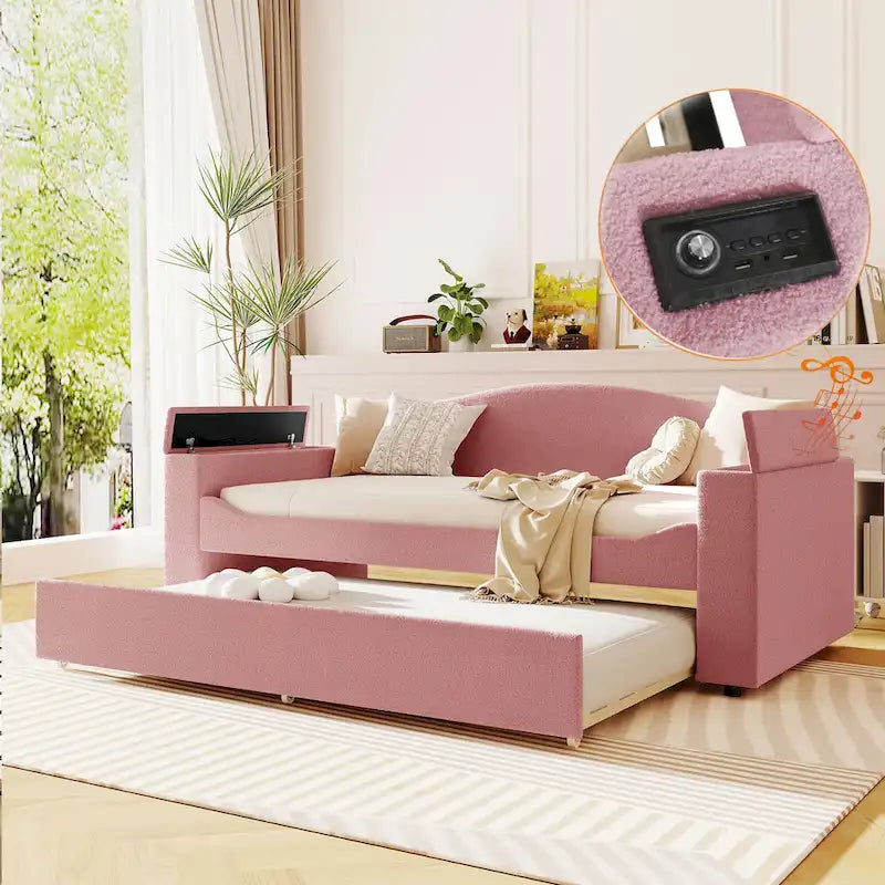 Divano Letto Singolo Imbottito con Braccioli Contenitore, Letto Estraibile e Sistema Audio Bluetooth Integrato di Ultima Generazione, in Pile Orsetto, Grigio